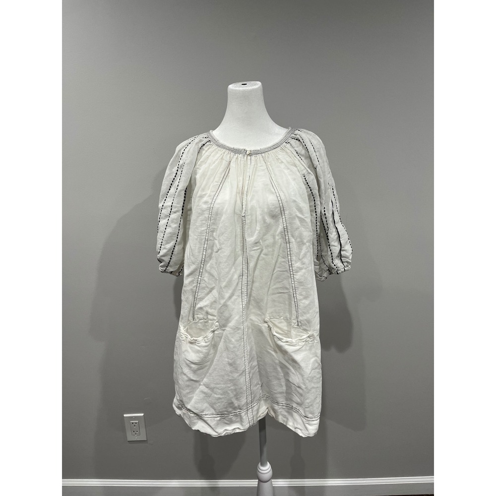 NYMÅNE White Linen Cotton Embroidered Puff Sleeve‎ Tunic Dress Top S